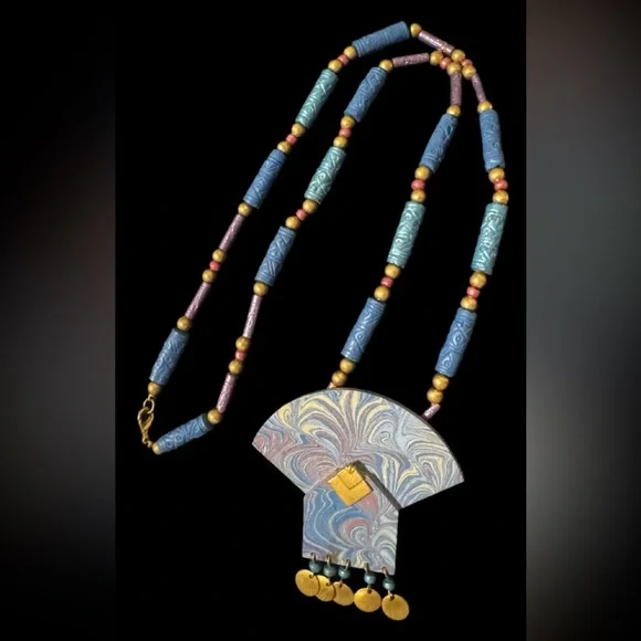 Long Necklace Handcrafted Wood Or Paper w/ Beaded Chain. Blue Boho Approx 26” - Picture 3 of 5